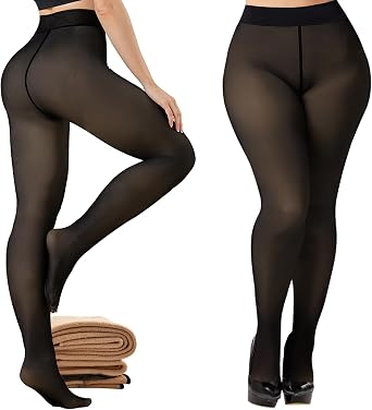 Buauty Fleece Lined Tights Sheer for Women-Fake Translucent Thermal Leggings High Waist Thick Warm Pantyhose for Winter