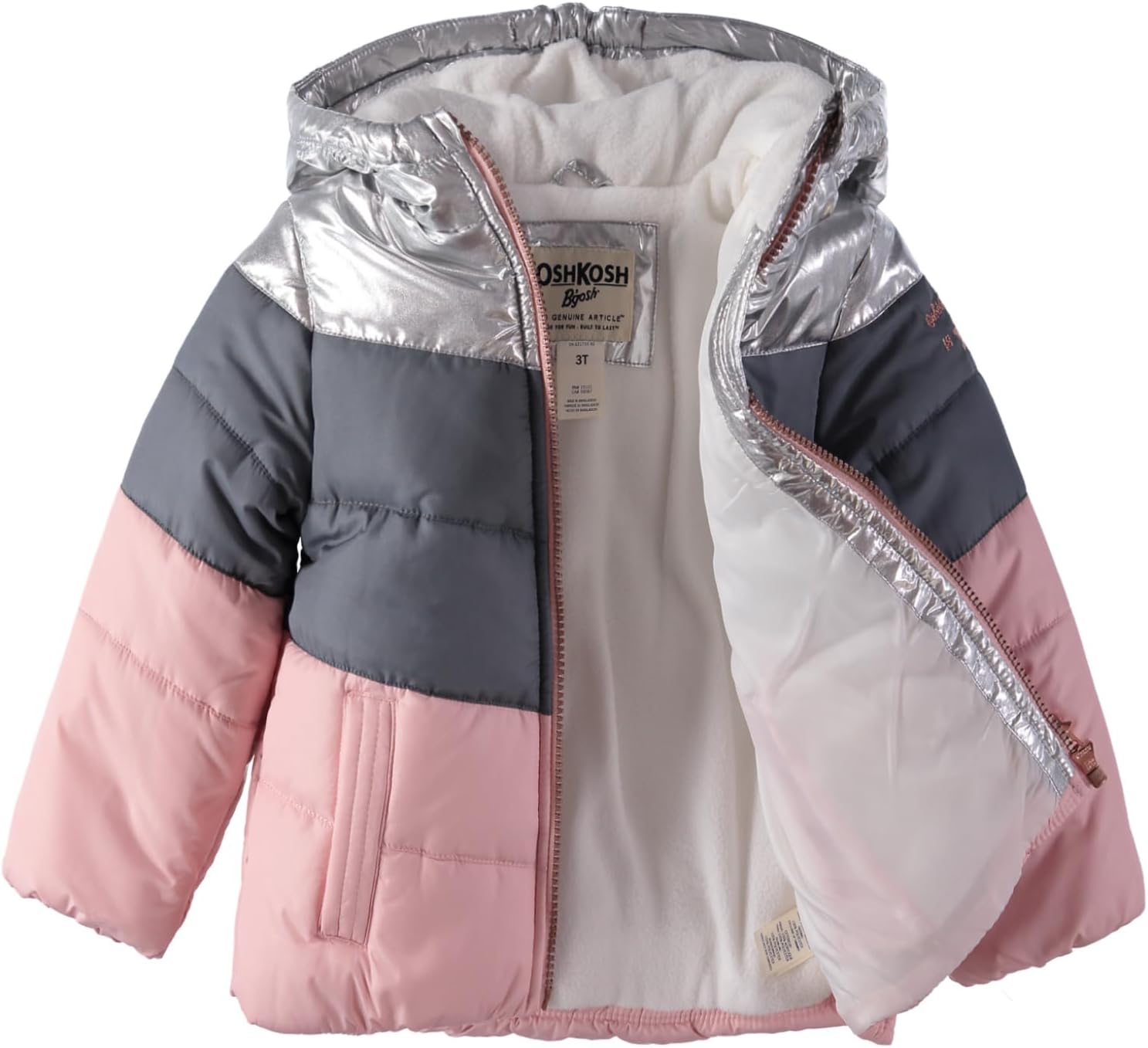 OSHKOSH B'GOSH Girls' Perfect Colorblocked Heavyweight Jacket Coat (24 Months, Silver/Pink) - Image 2
