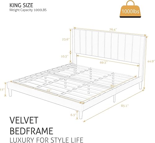 Miniatura 7 de SHA CERLIN Marco de cama King con plataforma tapizada de terciopelo con cabecero, soporte de listones de madera resistente, base de colchón, no