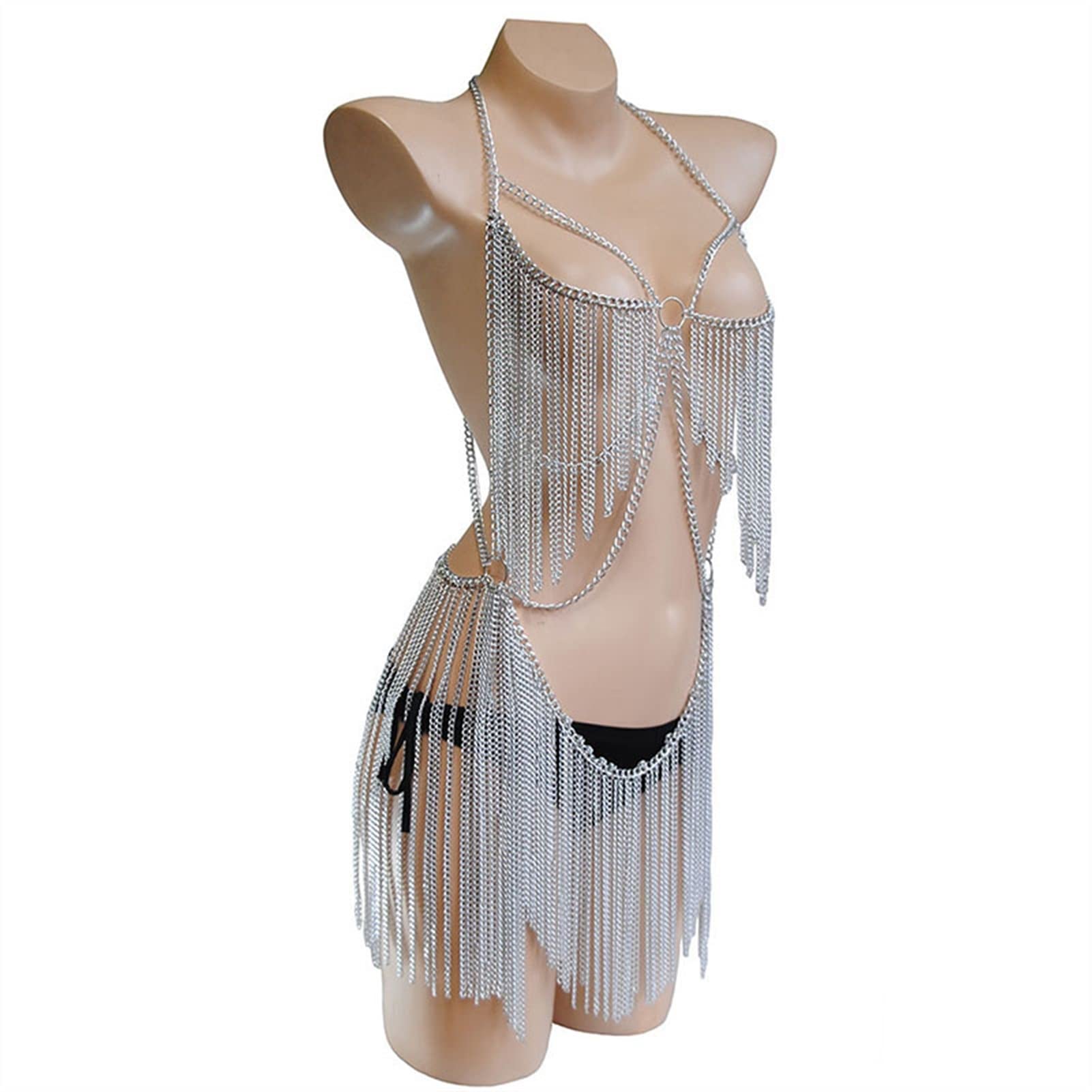 RWRAPS Metallkette mit Quaste, sexy Damen-Bodychain, hoher Ausschnitt, ausgehöhlt, ärmellos, rückenfrei, Neckholder, Festival-Kleid-Accessoires, Bauchtaille-Kette (A Gold)