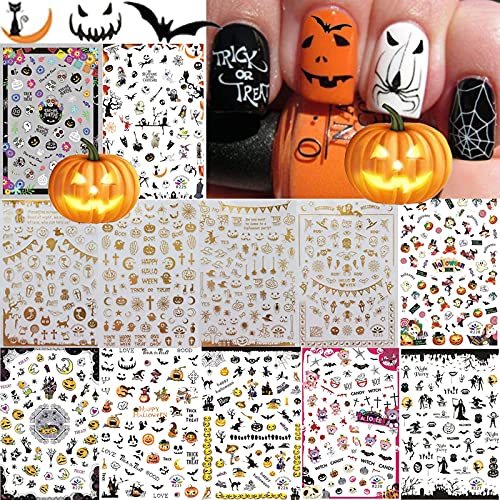 MiaoWu 1500+ Patterns Halloween Nail Art Stickers Decals Self-Adhesive DIY Nail Art Tips Stencil for Halloween Party Include Pumpkin/Bat/Ghost/Witch etc Nail Art Decals Halloween Nail Decorations(R12 Sheets)
