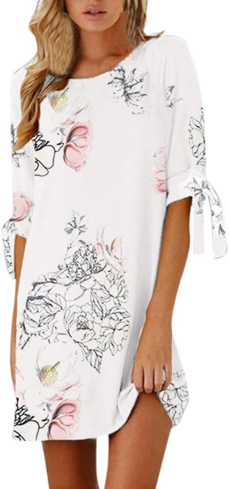 Women's Short Half Sleeve Dress Bowknot Bandage Floral Straight Casual Short Mini Dress