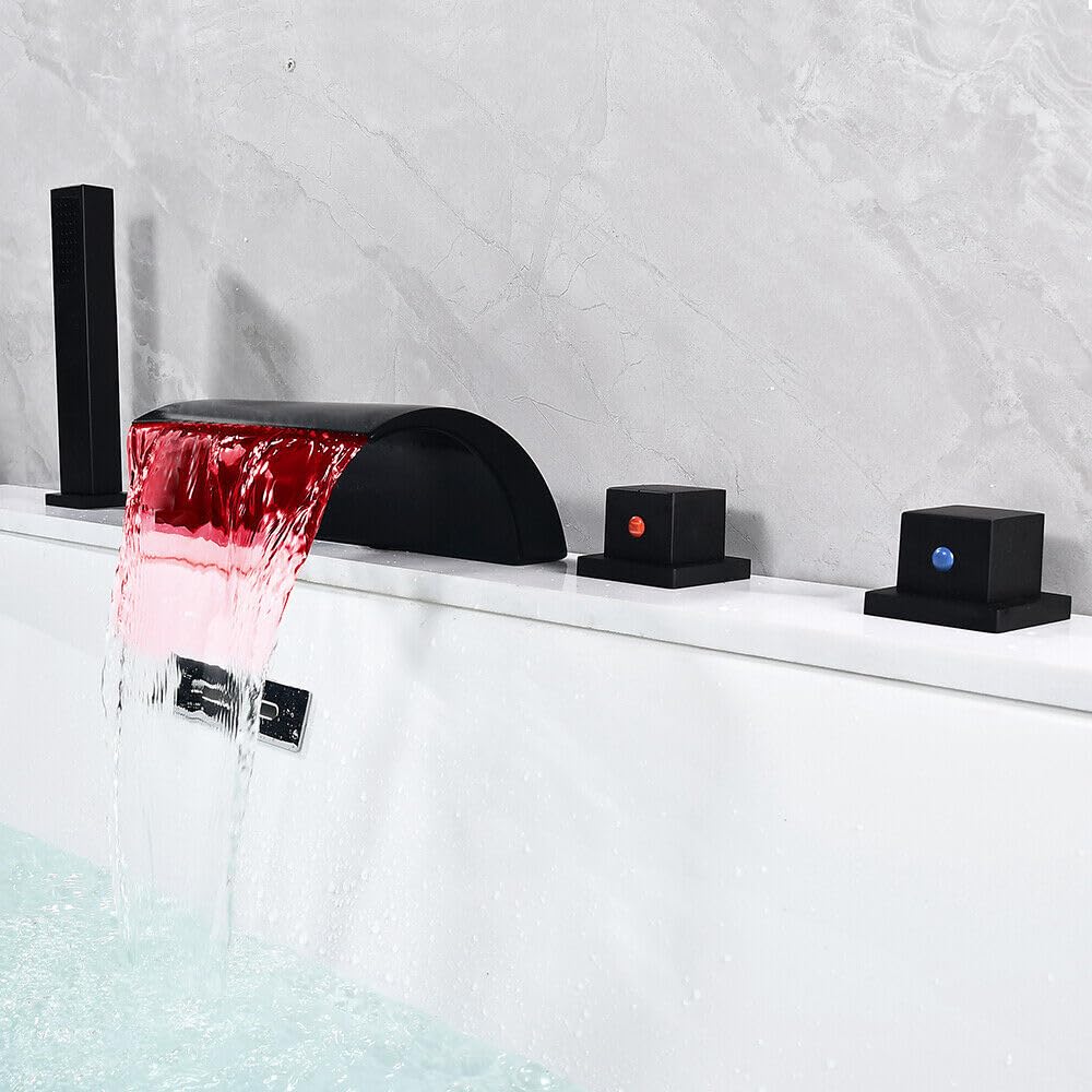 Badewannenarmatur LED Wasserfall 3 Farben LED Wasserfall Duschset mit Brause Wasserhahn Duscharmatur 5 Loch Set Wannenrandarmatur Fliesenrandarmatur Duschset Schwarz Duschsystem