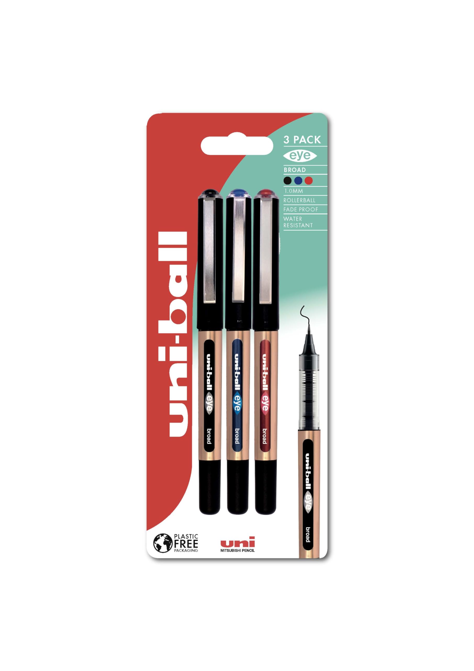 Eye UB-150-10 Broad Liquid Ink Rollerball Pens - 1.0mm - Black, Blue, Red - Pack of 3