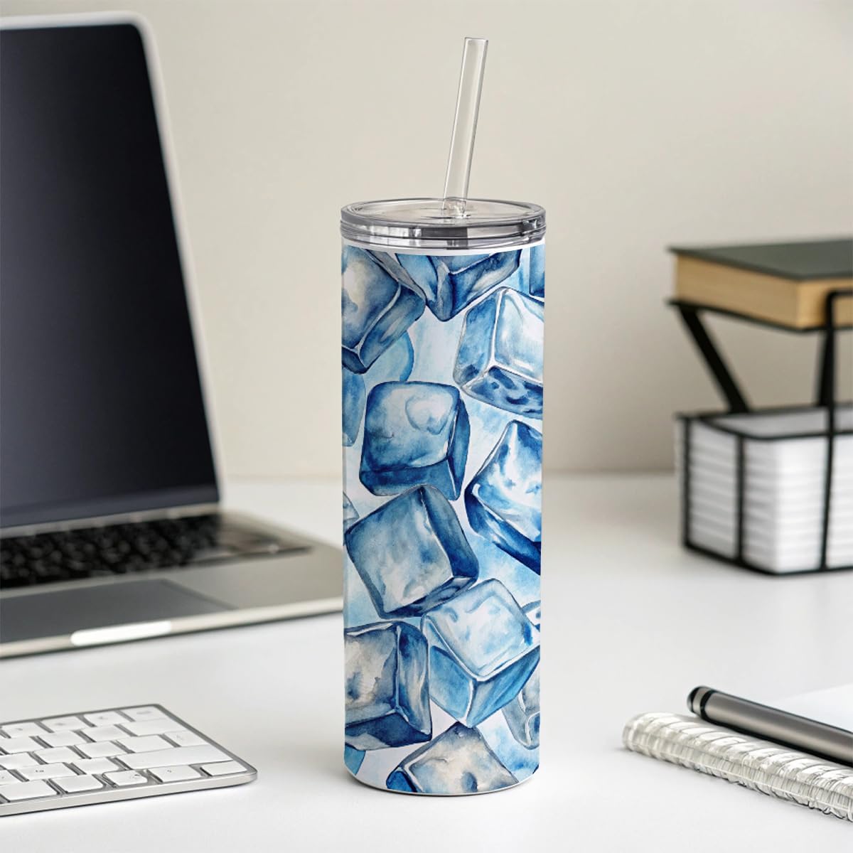 Crushed Ice Cubes Watercolor Skinny Tumbler 20oz with Straw Insulated Water Bottle Gift