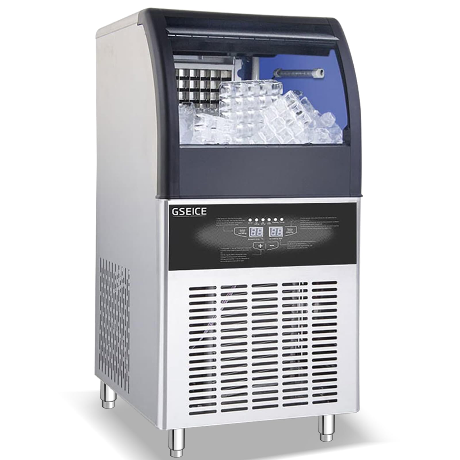 GSEICE Commercial Ice Maker Machine - 90lbs Ready in 24Hrs - Under Counter Stainless Steel Ice Machine - Self Cleaning - with Ice Storage Capacity - Freestanding Industrial Ice Maker