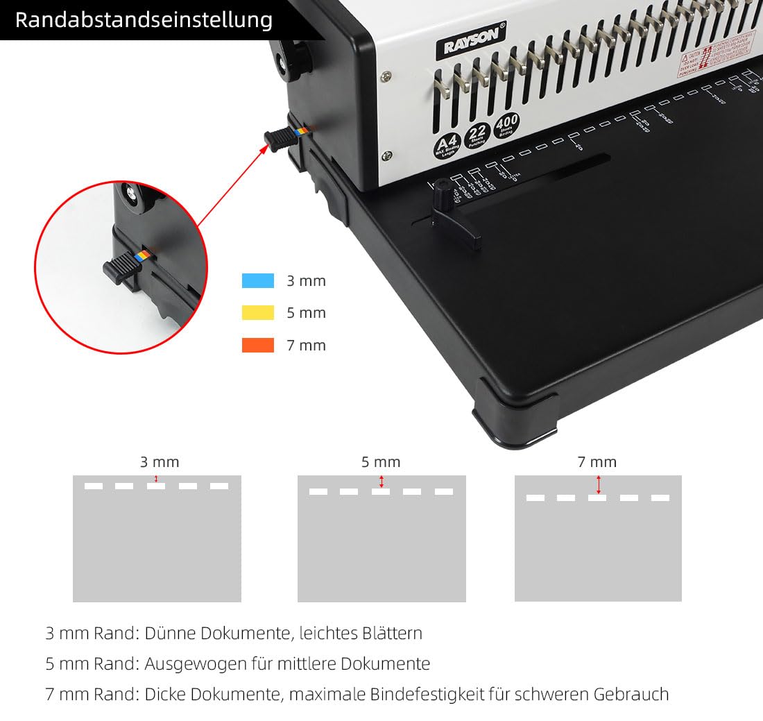 RAYSON Plastik-Bindekamm Bindegerät, 21 Löcher, Bindet 400 Blatt, SD-220B | Robuste Metallkonstruktion, 21 herausnehmbare Stanzmesser, Kostenloses Bindematerial im Lieferumfang enthalten