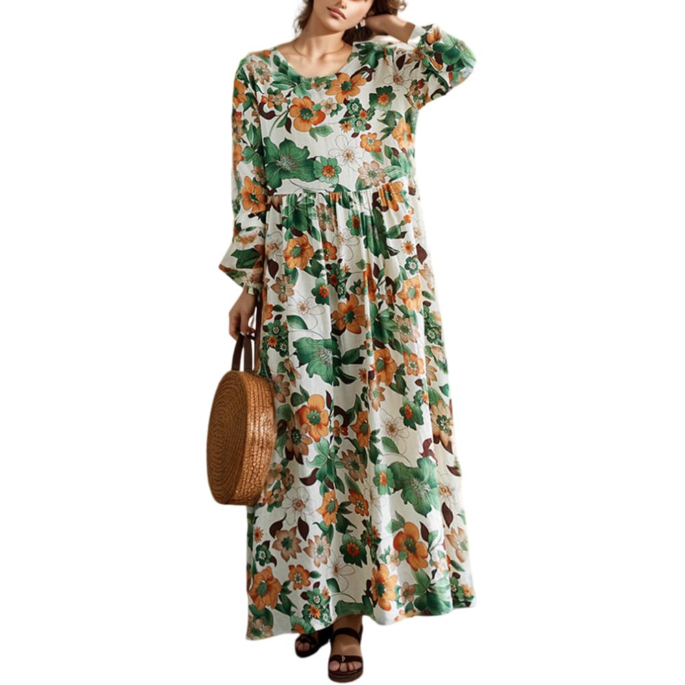 Akivide Women's Casual Loose Long Sleeve Crewneck Boho Floral Tshirt Dress Retro Fall Tunic Maxi Dresses for Women 2024