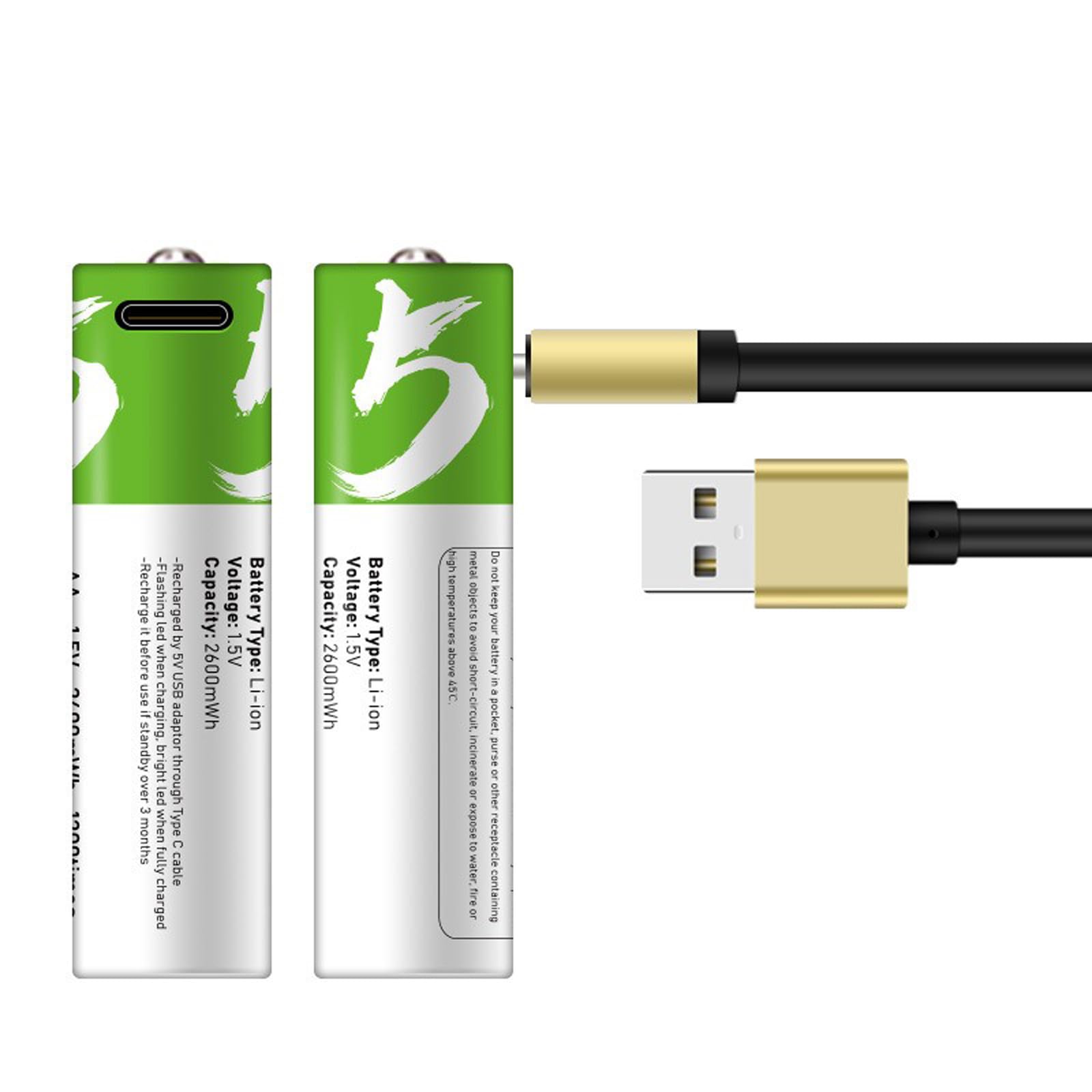 Batterie Lithium-ION USB AA/AAA 1,5 V 2600 mWh Batterie Rechargeable AA 1,5 V 750 mWh Batterie AAA Charge Rapide 1200 Cycles avec câble de Type C 2/4 Paquets