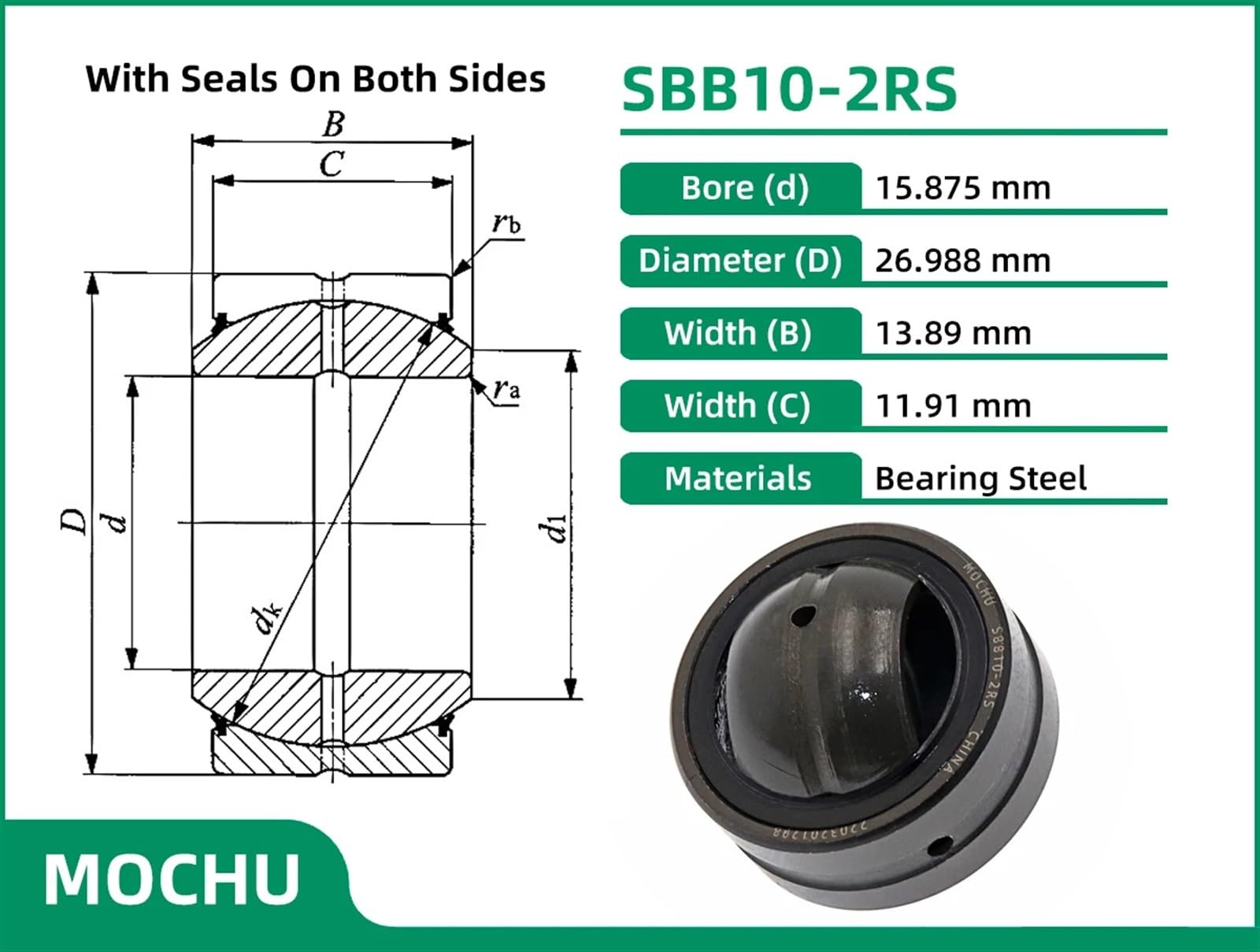 Roulement à rotule lisse SBB10-2RS 5/8 GEZ15ES-2RS 15,875 mm, bague sphérique acier sur nécessitant un entretien