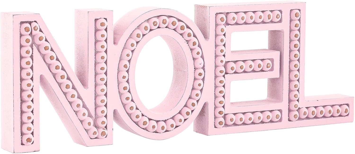 Noel Christmas Decor, Pink Christmas Decorations, Beaded Wooden Noel Letter, Farmhouse Christmas Decor for Table Mantel Shelf Home Tabletop, Rustic Holiday Winter Decor