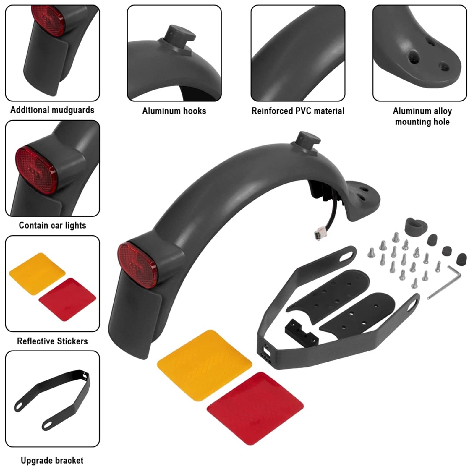 Guardabarros Patinete Guardabarros Trasero, luz Trasera de Freno, Guardabarros for Scooter eléctrico con Juego de Piezas de Almohadilla de Cubierta de Espacio, Soporte Reforzado(Red)