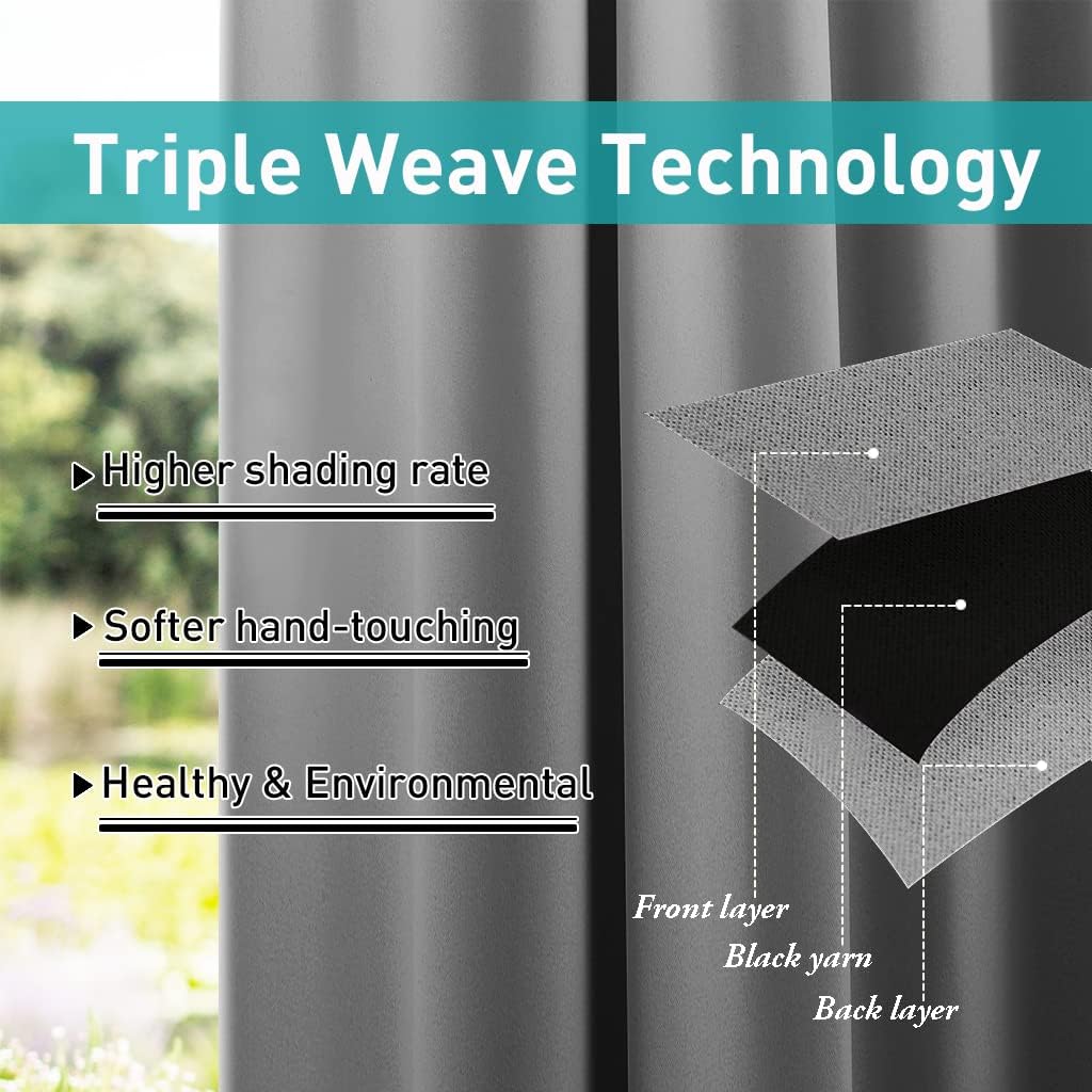 NICETOWN Outdoor Curtain for Patio Waterproof 95 inch Length, Sticky Tab Top Thermal Insulated Blackout Window Treatment Divider Protect Privacy for Cabana/Arbor, Silver Grey, 1 Piece, W52 x L95