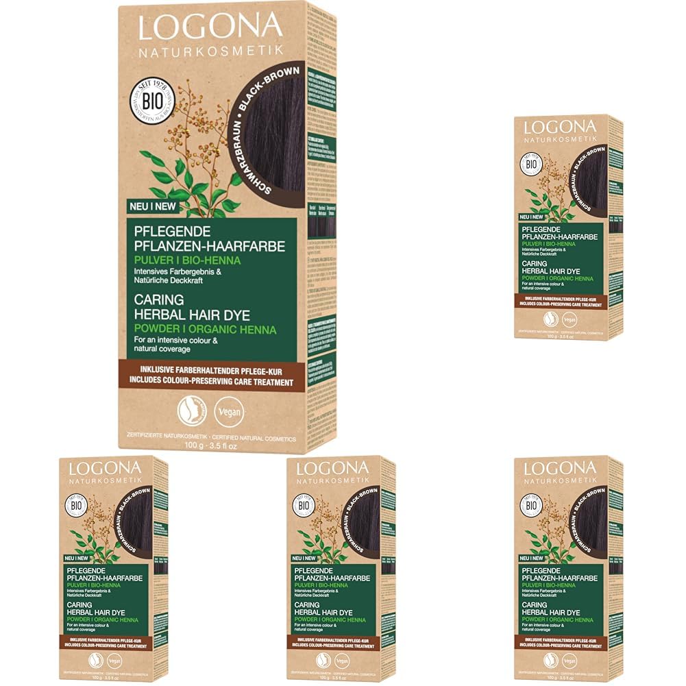 LOGONA Naturkosmetik Pflegende pflanzliche Haarfarbe, Veganes Haarfarbe-Pulver mit Bio-Henna für intensive Farbe und Glanz, Pflanzenhaarfarbe in Schwarzbraun (Braun), 1 x 100g (Packung mit 5)
