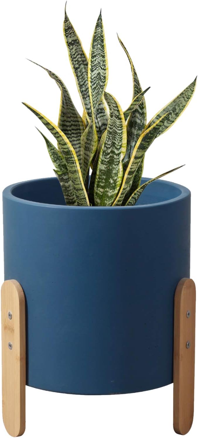 Modern Decorative Planter with Wood Stand, Unbreakable Concrete, 7 Inch with Drainage (Blue)