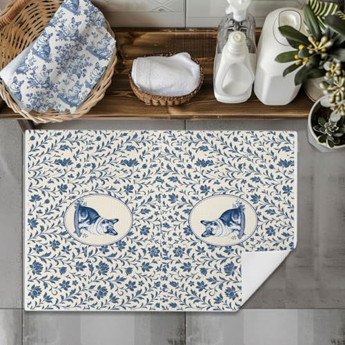 Image of Blue Chinoiserie Welsh Corgi Kitchen Towels, Corgi Lover Gifts Dish Tea Towels for Kitchen, Vintage French Toile Dog Decorative Hand Towel for Bathroom, Dog Lover Gifts, 16x24 Inch Set of 2