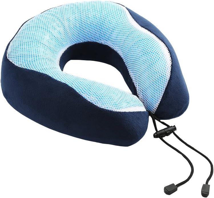 Travel Pillow with Memory Foam and Cooling Gel; Provides Optimum Neck Support During Travel, Sitting or Sleeping; Covered in a Soft Two-Toned Blue Fabric