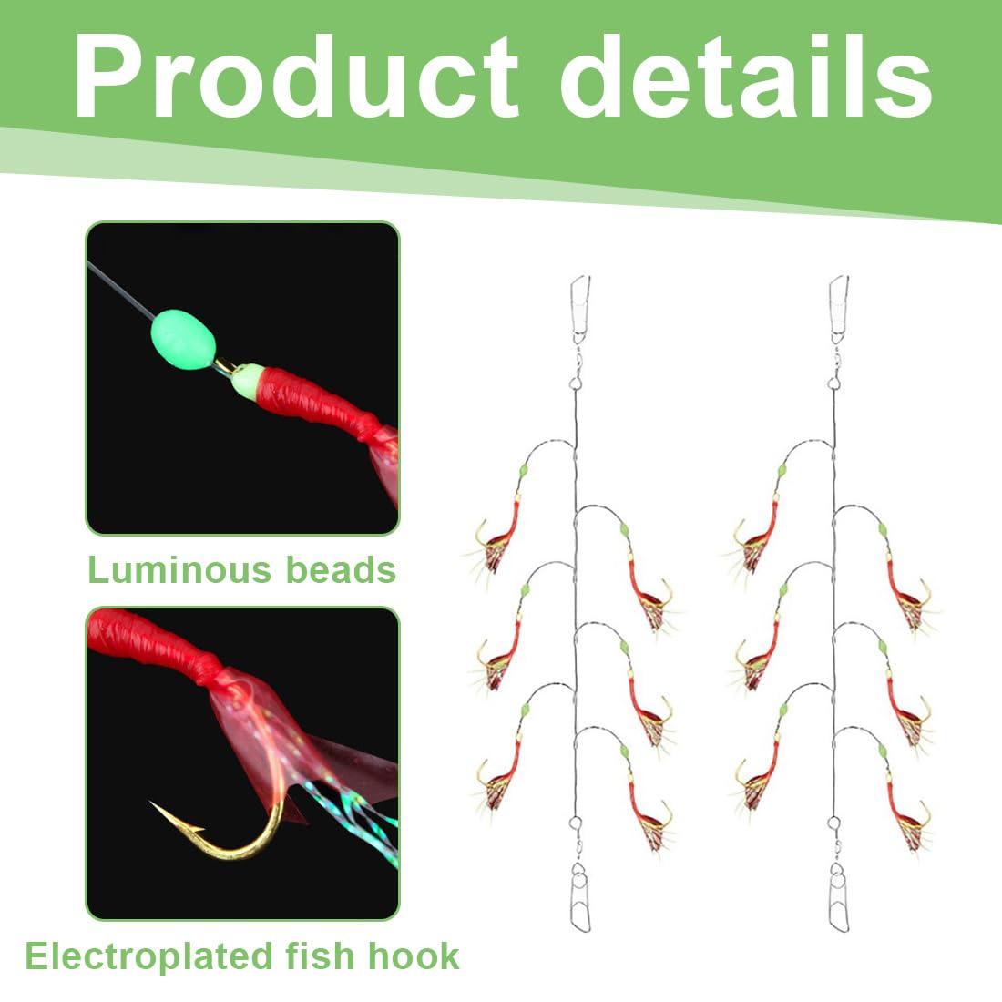 Set de 5 Aparejos de Plumas de caballa con Cuentas Luminosas,Aparejos de Pesca de mar pre-atados,Señuelos Biónicos para Caballa y Abadejo,Aparejos de Pesca (16#)