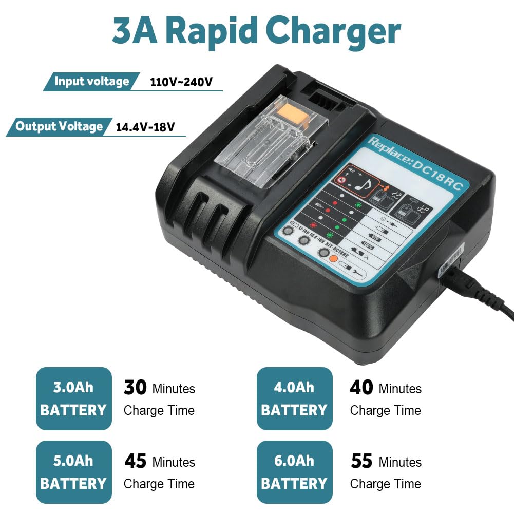 Flintronic Szybka ładowarka kompatybilna z Makita 14,4 V/18 V litowa, z wielokrotną ochroną, zamiennik akumulatora litowego BL1830, BL1840, BL1850, BL1860, BL1815, BL1415, DC18RD, DC18RA, DC18SF