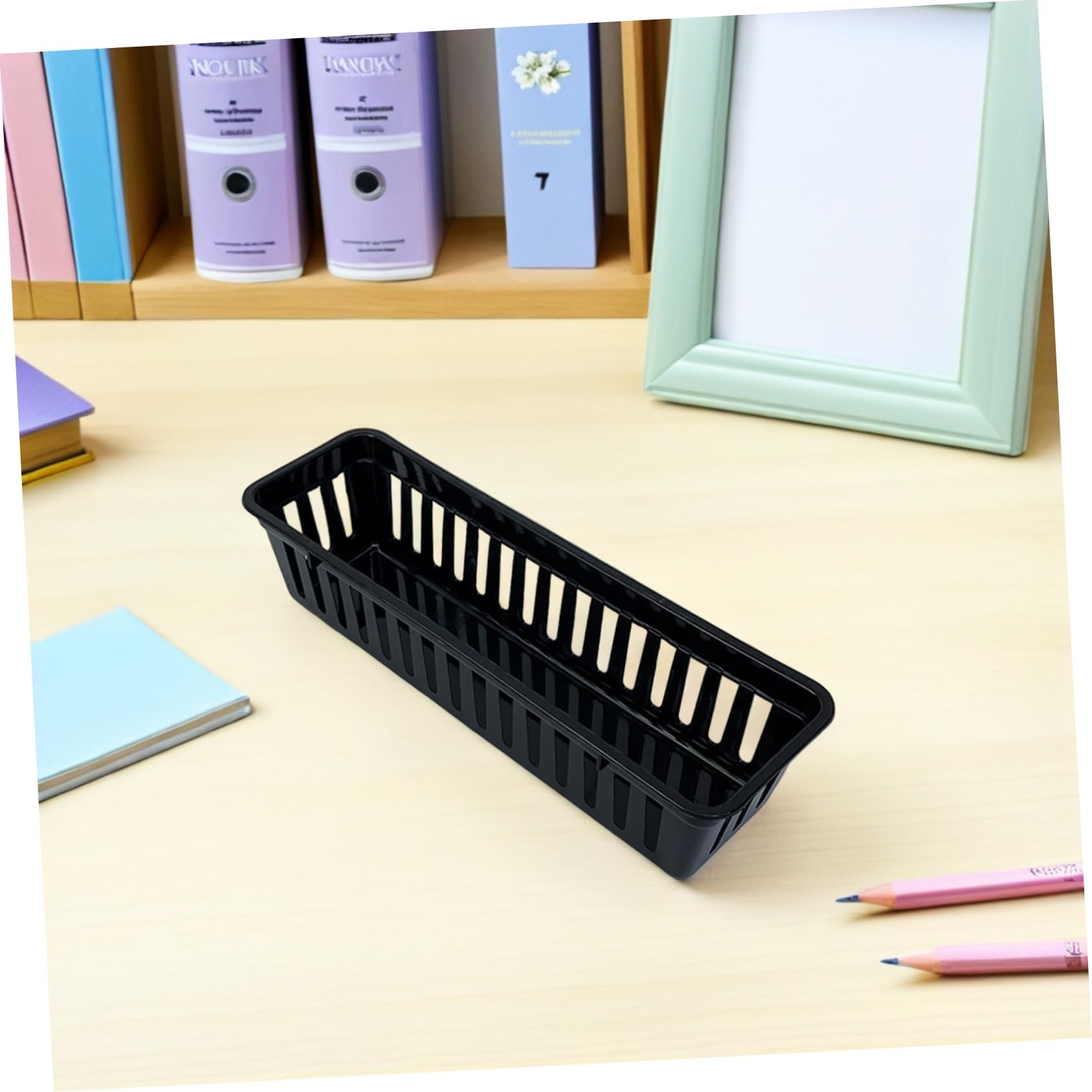 Veemoon 12 Pezzi Organizer Scrivania in Plastica Nero Scatole Rettangolari per Matite e Materiale Scolastico per Aula e Casa Portapenne e Contenitori per Articoli Cancelleria