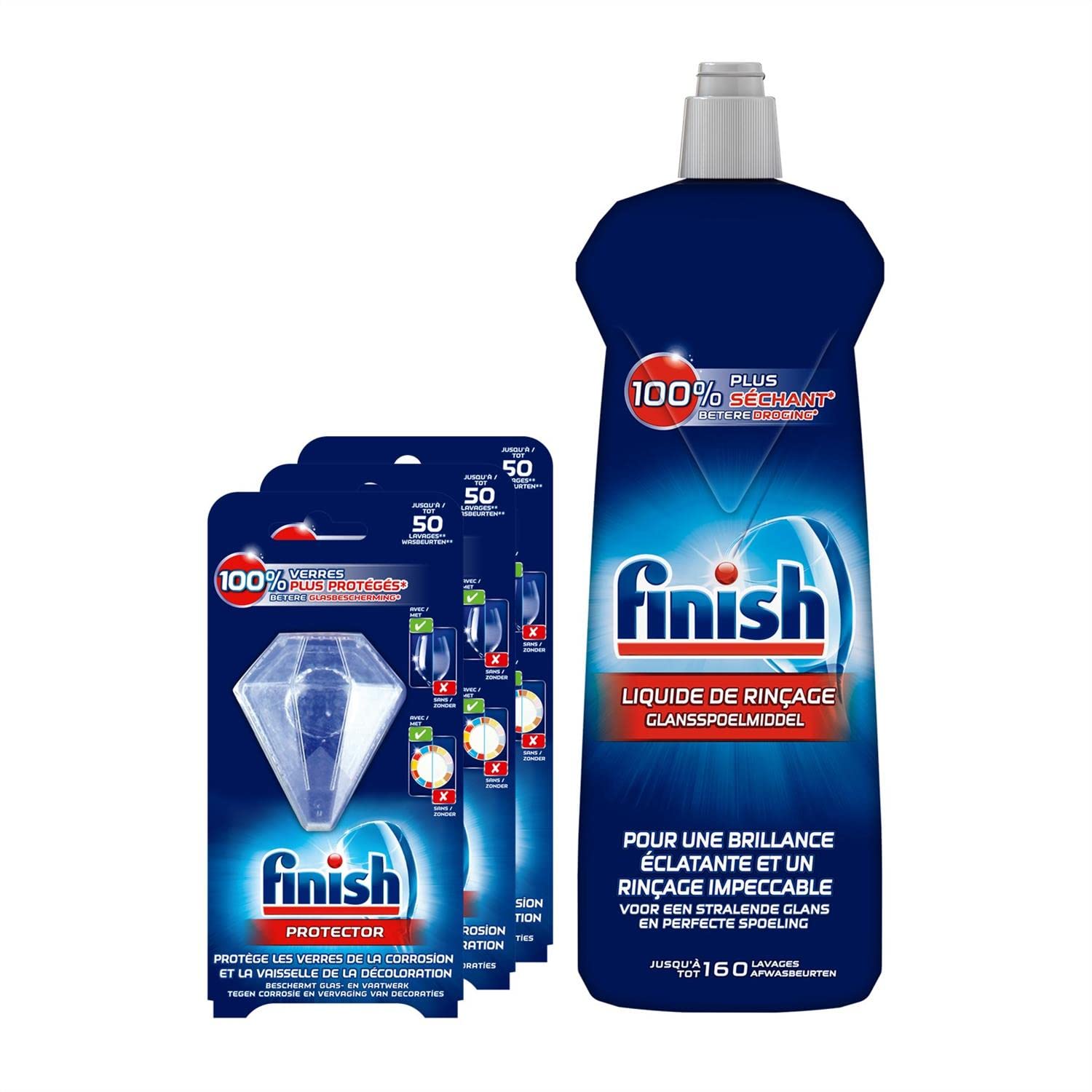 FINISH Liquide de Rinçage Lave-Vaisselle 800 ml + Protecteur de Lave-Vaisselle Anticalcaire x3