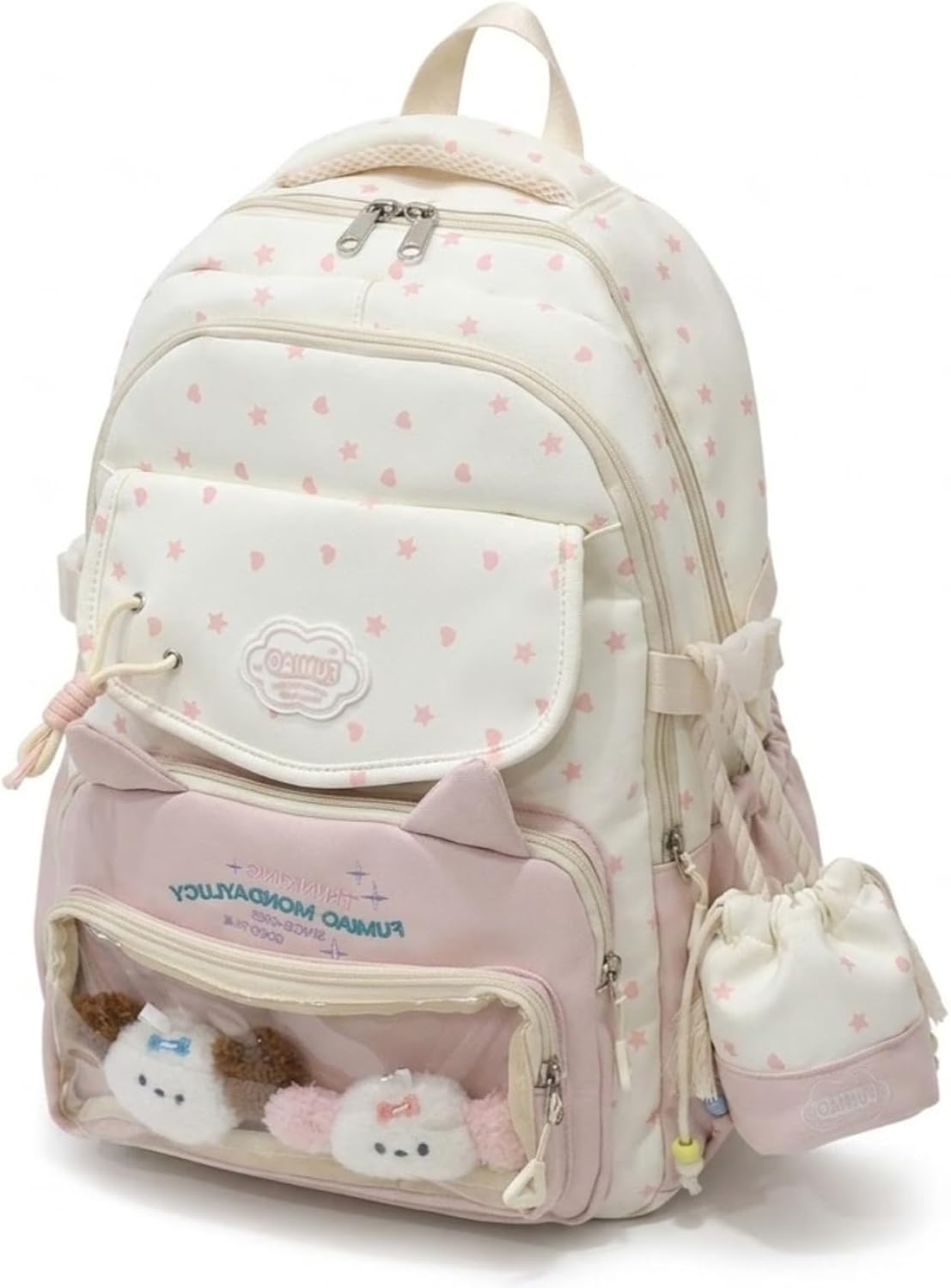 Aesthetic Kawaii Ita Bag Clear Front Window Women's Daypack Casual Travel Backpack With 1 Accessory Pendant (Pink)