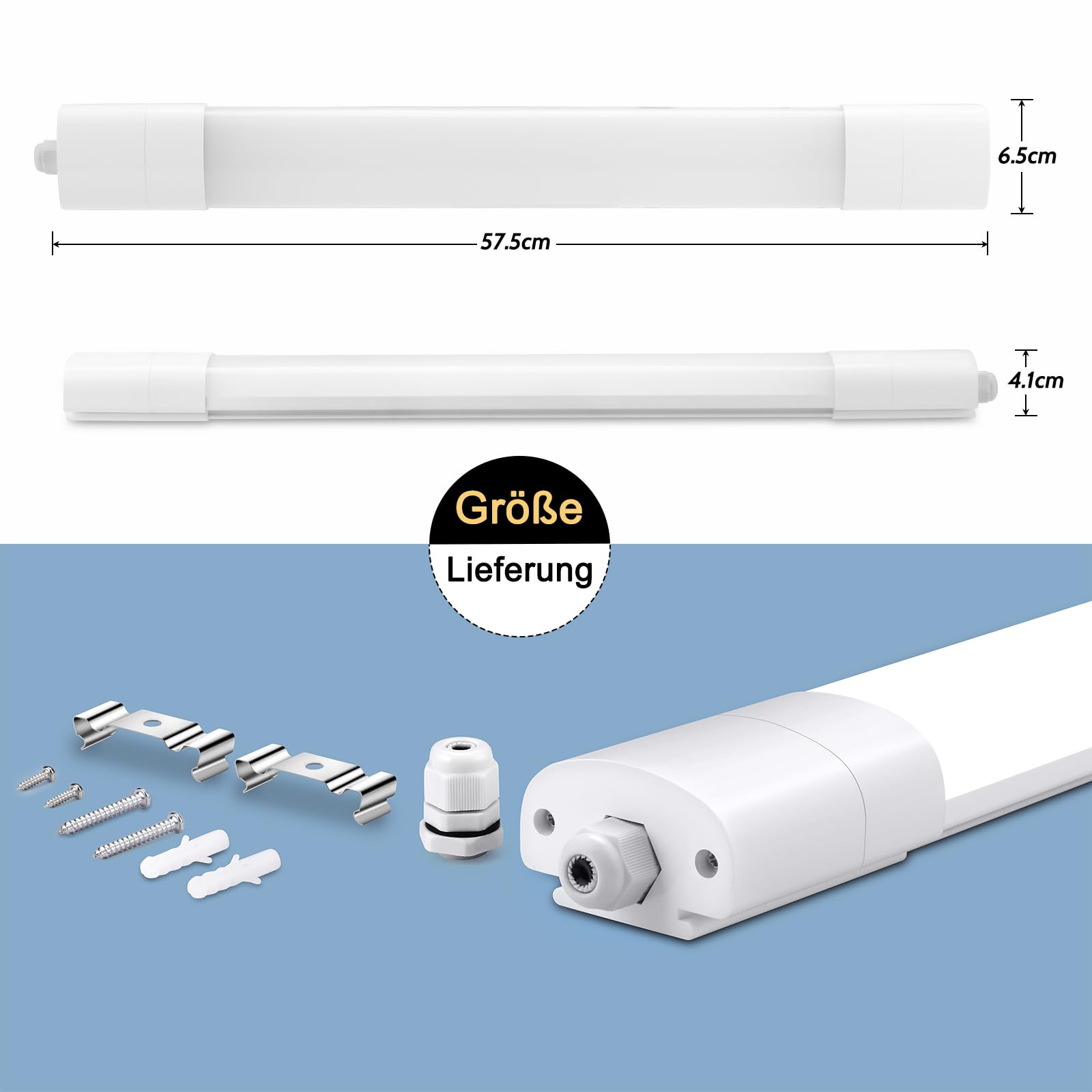 2 sztuki lamp LED do wilgotnych pomieszczeń 60 cm, 20 W, 2000 lm, lampa sufitowa LED, bez migotania, wodoszczelność IP65, lampa LED do wilgotnych pomieszczeń, 60 cm jako lampa do piwnicy