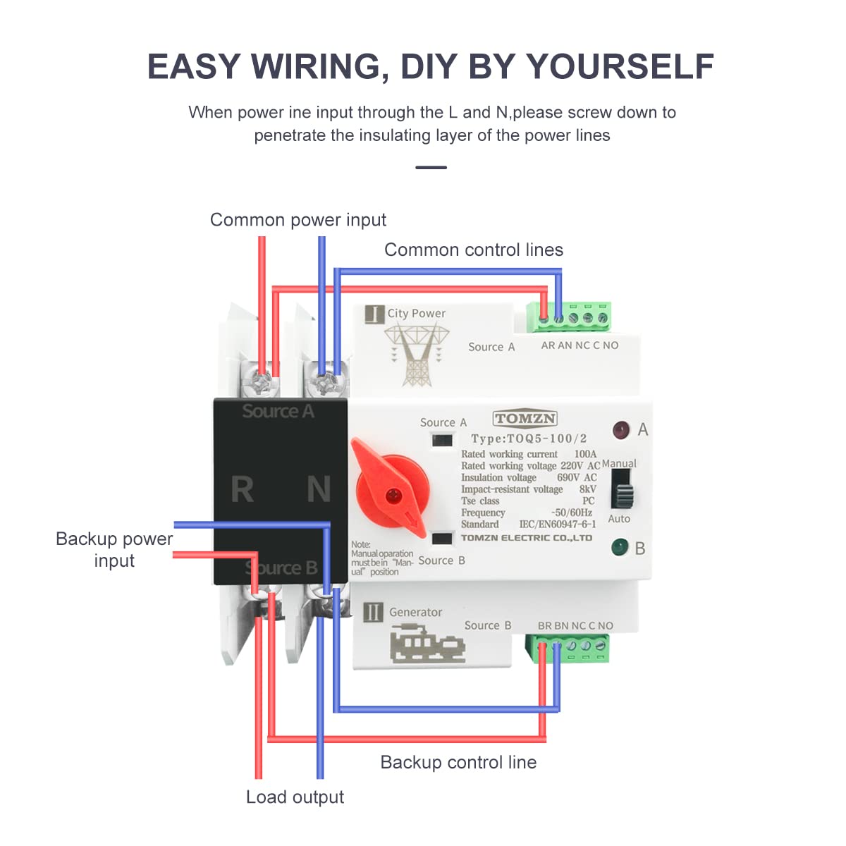 Disyuntor Riel DIN monofásico ATS 220V Transferencia automática de Doble Potencia Selector eléctrico Interruptores ininterrumpidos 2p 63a 100a 125a(100A)