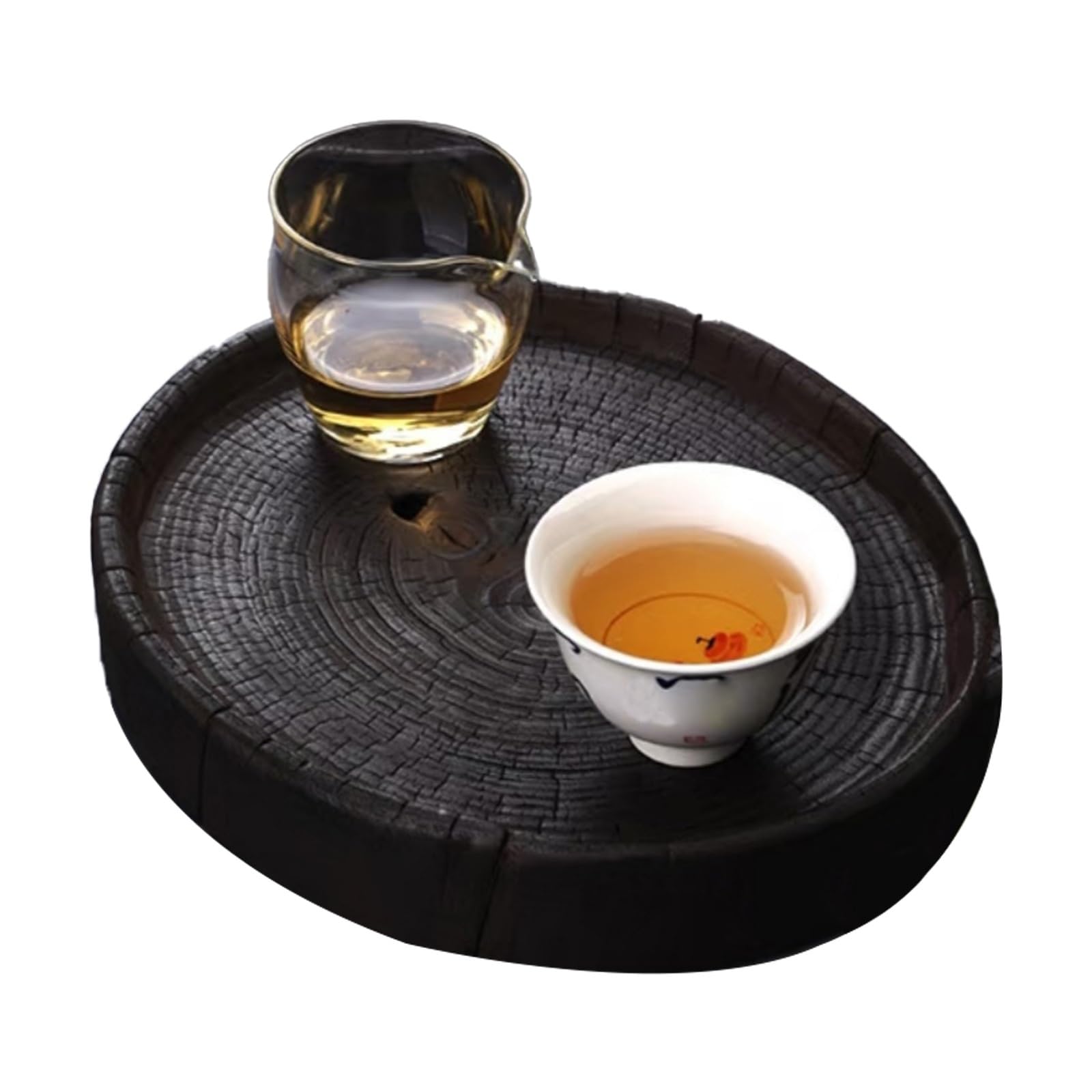 Bandeja redonda de madera de alcanfor carbonizada negra, 3 cm de grosor, perfecta para degustación de té y decoración del hogar, diseño antideslizante (27 x 3 cm), elegante bandeja para servir