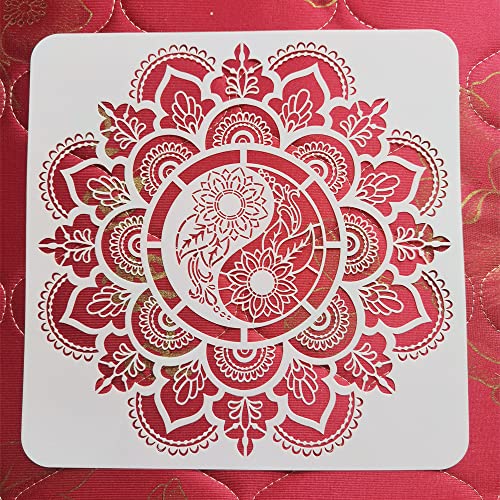 DIY Crafts 12x12 Inches Floral Mandala Stencil Yinyang Reusable Stencil for Furniture Crafts Wood Scrapbook Art Painting 0.3MM(12MIL)