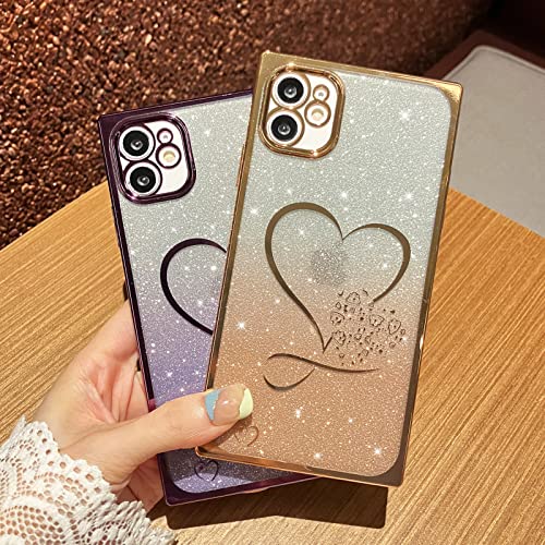 Lsl For Iphone 11 6.1" Square Glitter Phone Case, Luxury Plating Bling Clear Love Heart Design, Full Camera Lens Protector Anti-Scratch Shockproof Protective Case For Women Girls-Gold #TOP2