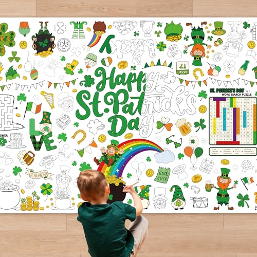 Image of QZYL 54 inch x 108 inch Coloring St Patricks Day Crafts, Giant Coloring Table Cloth for Kids, Painting Poster Art Activities Banner Disposable St Patrick's Day Crafts for Home Classroom St Paddys Decorations
