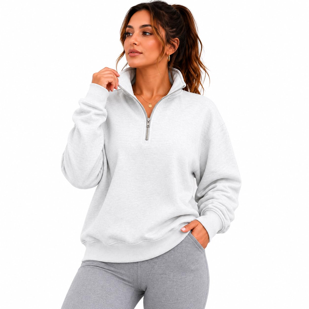 Urban Core Women's Grey ’S Quarter Zip Sweatshirt – Regular Fit 1/4 Zip Jumper Soft Casual Pullover Top (Uk, Alpha, M, Regular, Regular, 1, )