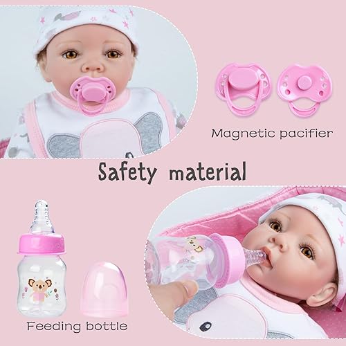 Miniatura 4 de Ropa de muñeca Reborn con moisés y accesorios de pañales reutilizables, juego de 10 piezas para muñecas de bebé de 17 a 22 pulgadas, muñecas rosadas
