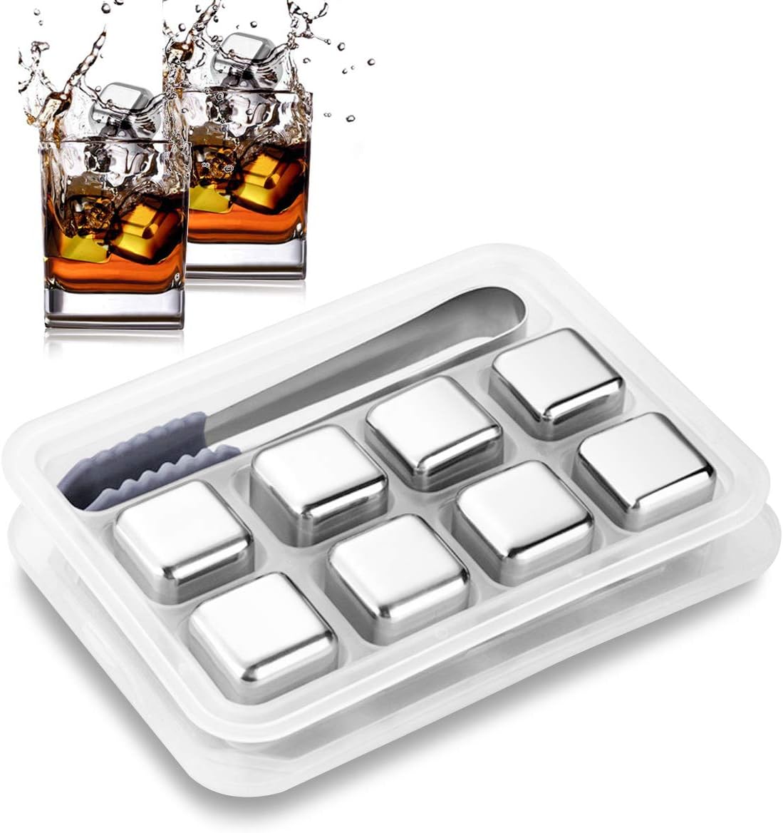 Reusable Stainless Steel Ice Cubes, Metal Whiskey Stones, Chilling Stones with Tongs & Tray for Wine Beer, Gift Men Father (8 Pack)