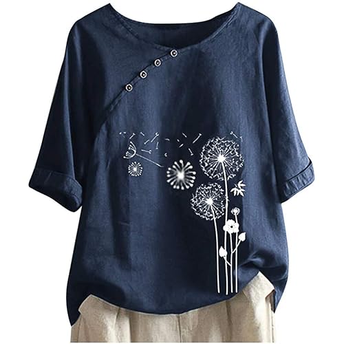 DASAYO Linen Button Down Shirt Women Round Neck Dandelion Print Half Sleeve Tops Blouse Loose Trendy Going Out Shirts Top