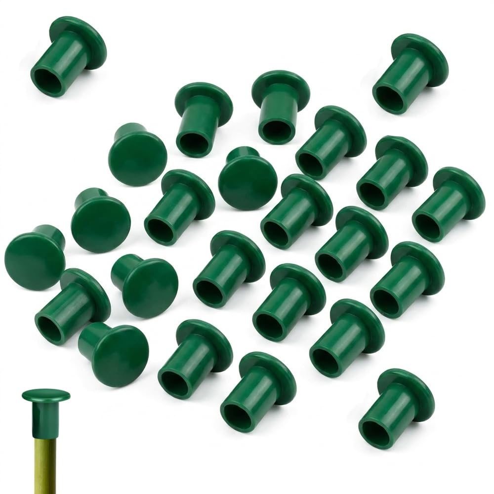 24 Pack Green PVC Garden Cane Topper Protectors for Bamboo Sticks and Plant Supports