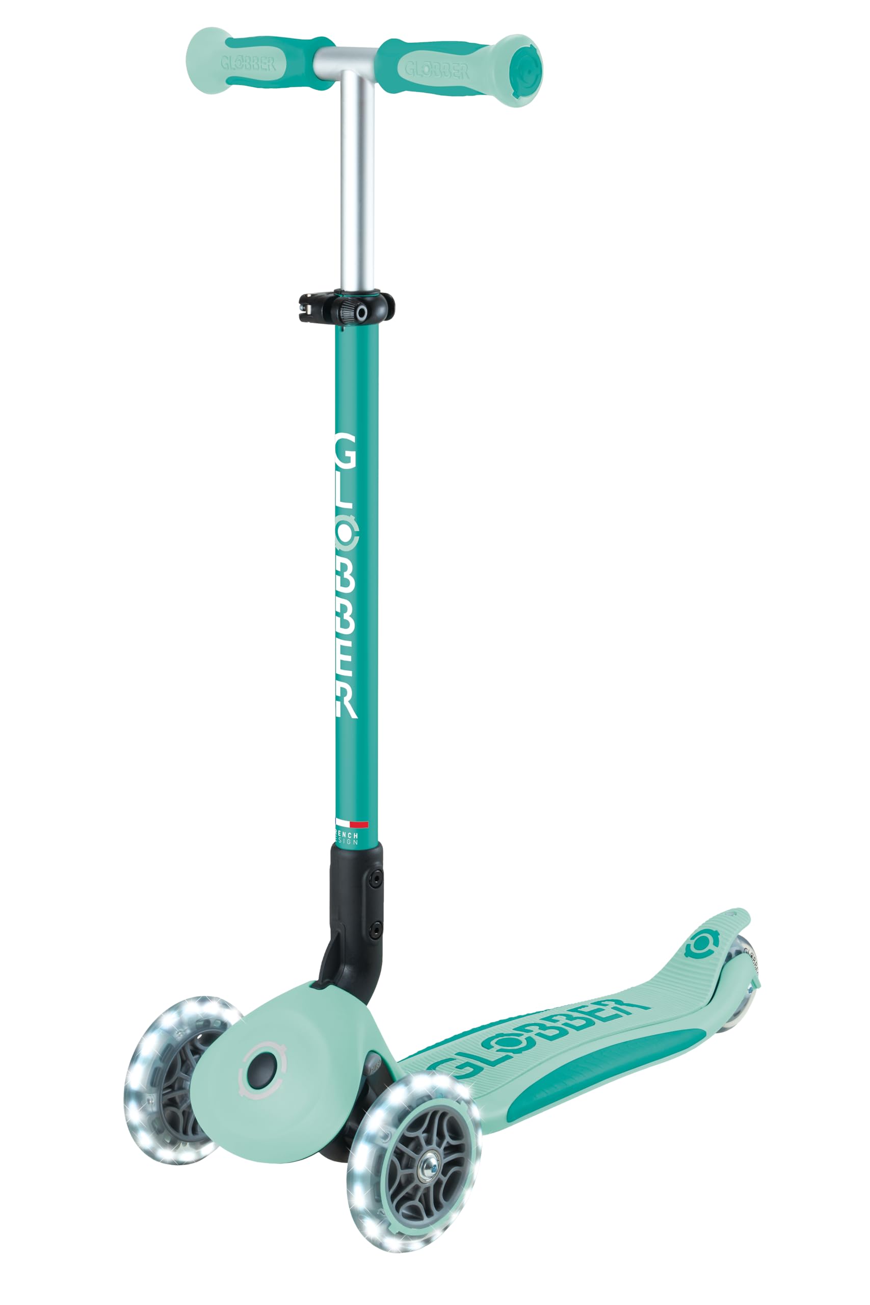 GLOBBER GO-UP Deluxe Lights 360 Roue de siège 3 en 1 avec roues LED, 120/80 mm, réglable, 3 roues, menthe