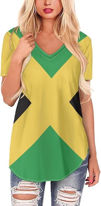 Jamaican Print Summer v-Neck Womens Shirts Short Sleeve Plus Size Casual Vacation Tops Custom Clothers XS-4xl