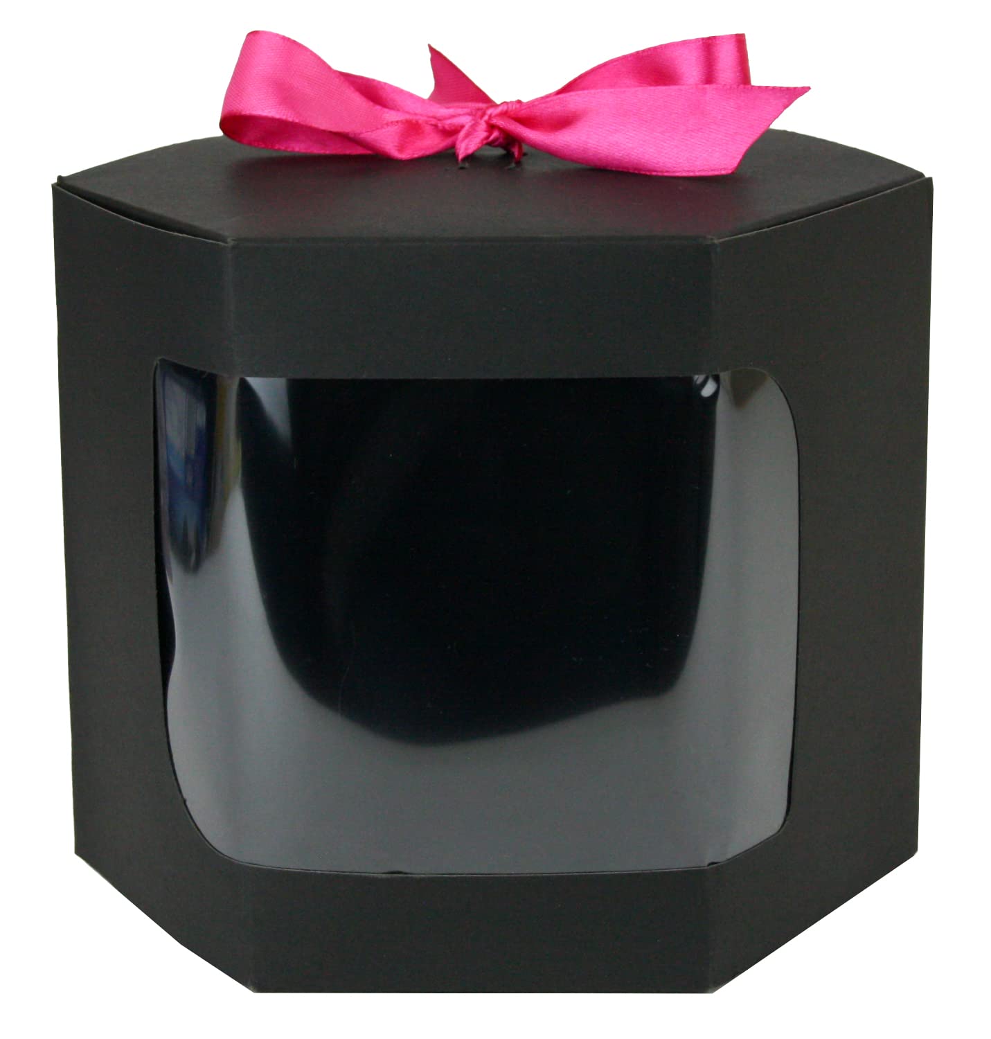 Emartbuy Strong Paper Stand Up Hexagon Gift Bag, 10 cm x 10 cm x 12 cm, Black Kraft Bag Cupcakes Cookies Muffin Pie Box with Clear Window and Hot Pink Ribbon - Pack of 96