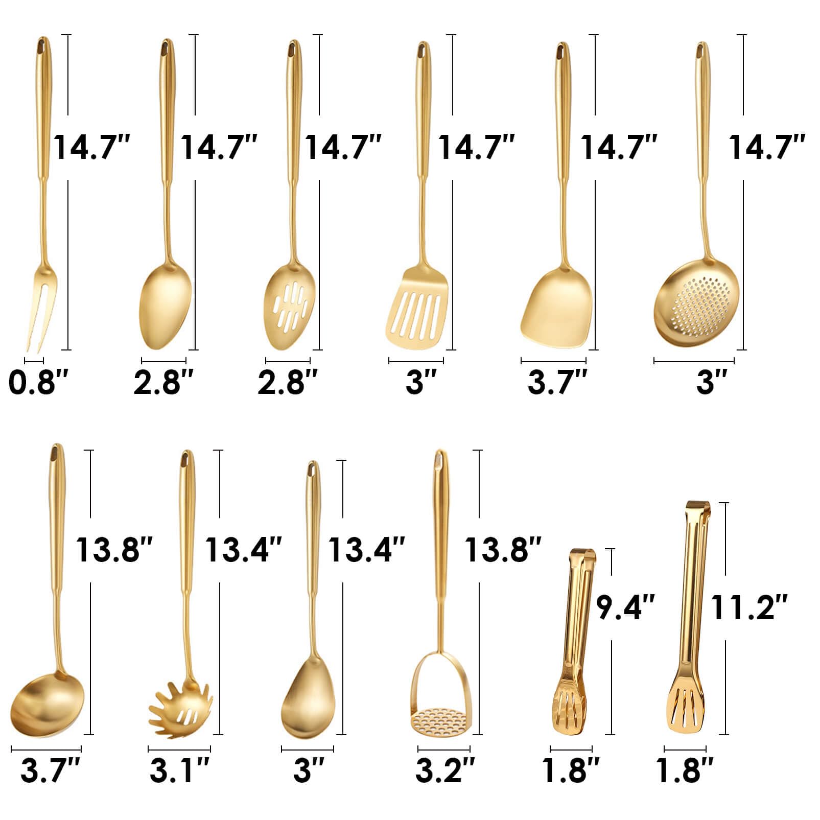Goldfarbenes Küchenutensilien-Set, 12-teilig, Messing, matt, Servierutensilien, 18/10 Edelstahl, alle Metall-Kochwerkzeuge – Kartoffelstampfer, Zange, Fleischgabel, Spatel, Pfannenwender, Schöpflöffel
