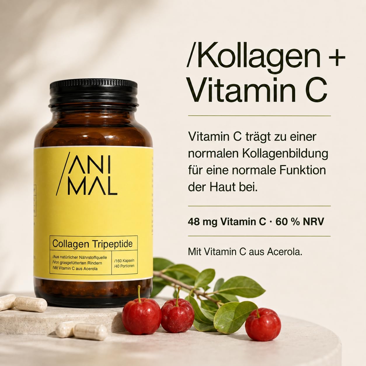 Kollagen Kapseln hochdosiert [160 Stk.] – Collagen Tripeptide nur 500 Dalton – Mit Vitamin C aus Acerola für eine normale Kollagenbildung – 2.000 mg Kollagen pro Tagesdosis – 40 Portionen