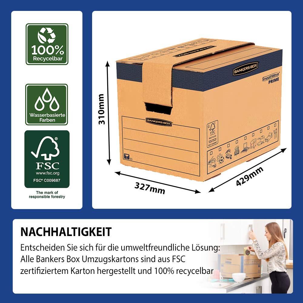 BANKERS BOX SmoothMove Heavy Duty Umzugskarton aus doppelt verstärkter Wellpappe mit Tragegriffen, schneller FastFold Aufbau ohne Klebeband, 37.5 Liter, 30 x 30 x 40.5 cm, 5 Stück