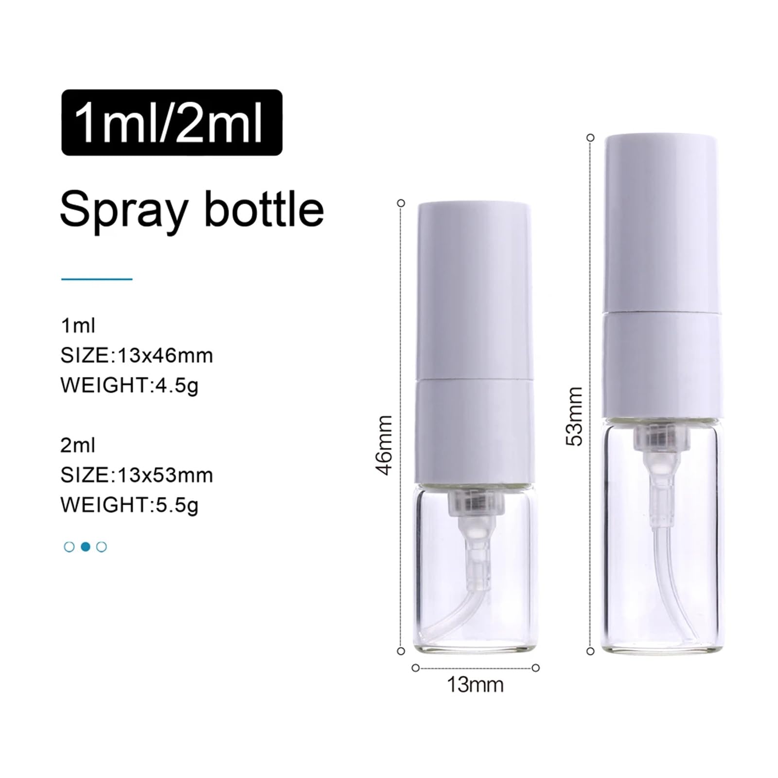 Mini Botella de Perfume de 1/ 2ml, 100 unids/Lote, Botellas vacías rellenables con pulverizador Blanco, envases cosméticos, atomizador portátil