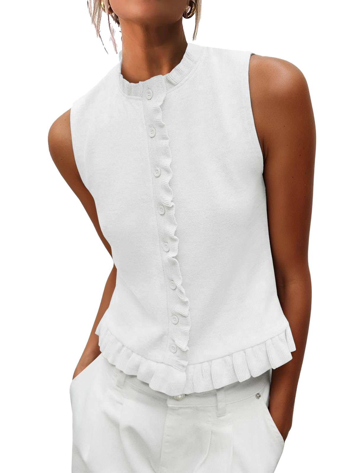Womens Button Down Sweater Vests Sleeveless Ruffle Mock Neck Ribbed Tanks Summer Boho Vacation Tops