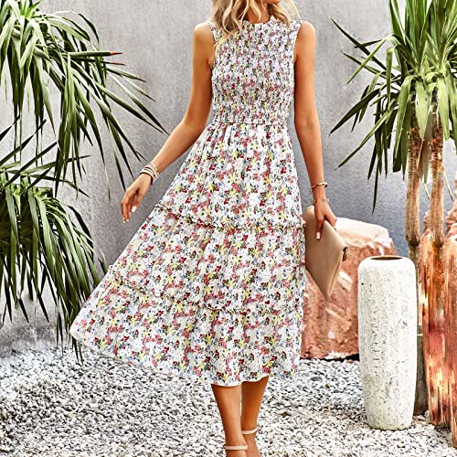 Image of YNIQUE Women's Dress 2023 Summer Casual Boho Dress Floral Print Ruffle Sleeveless High Waist Midi Beach Dresses