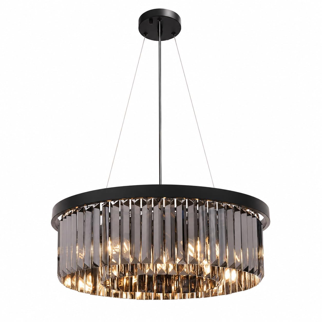 MOSSODOR Smokey Grey Crystal Chandeliers Ceiling Lights Modern Round Chandelier-Hanging Steel Rope Fixture- Adjustable Length for Dining Room Kitchen Island Living Room Hallway-Ceiling Light Decor