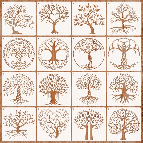 JSTHHTT 16 Pochoirs Arbre, Pochoirs Arbre de Vie en Plastique Réutilisables, Transparents Arbre de Vie, Couleur Dessin Pochoir pour Enfants, pour Peinture sur Fenetre,...
