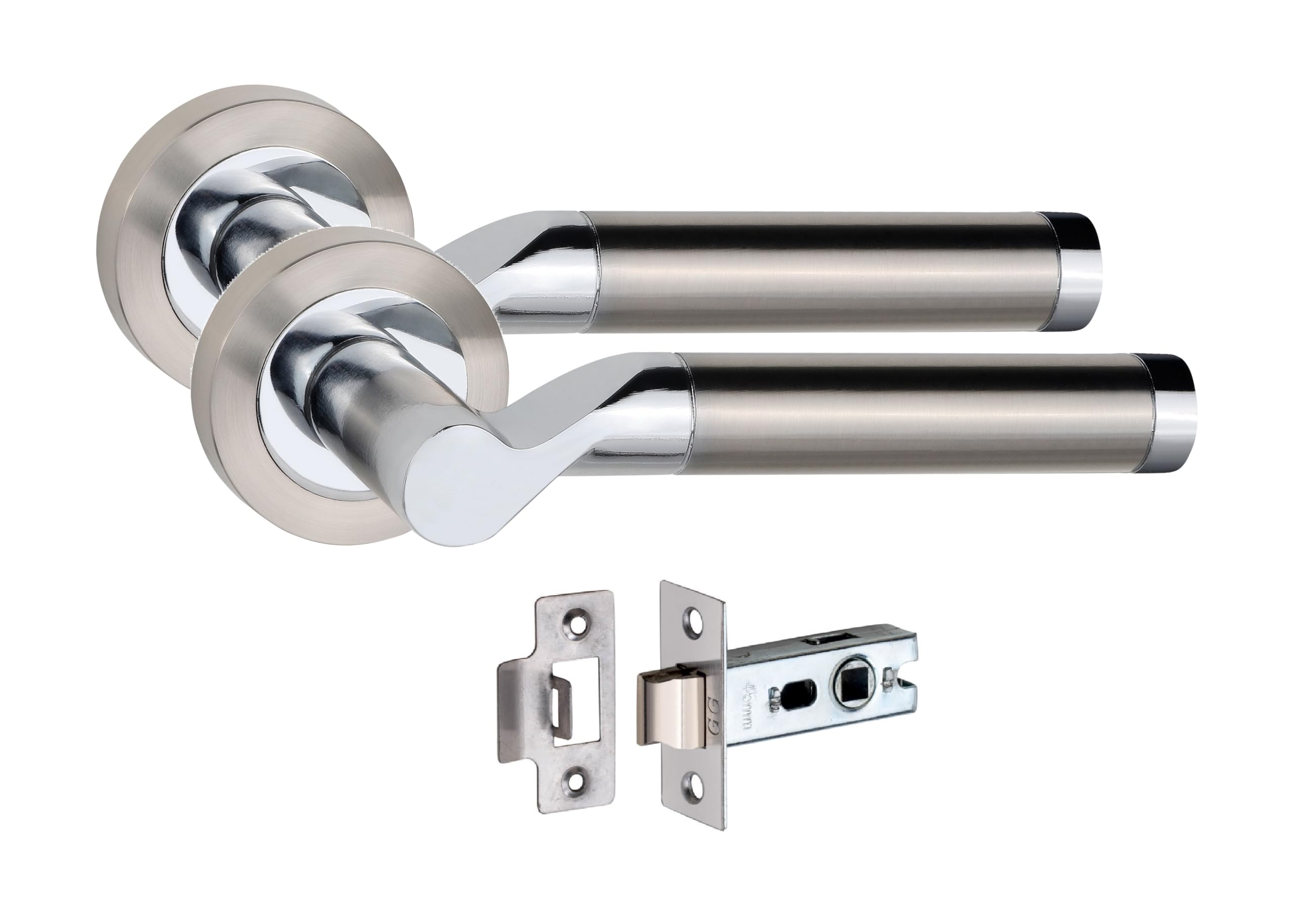 Golden Grace Titan Design Door Handles on Round Rose in Satin Nickel Polished Chrome with 2.5" Tubular Latch, 1 Pair - 52mm Diameter