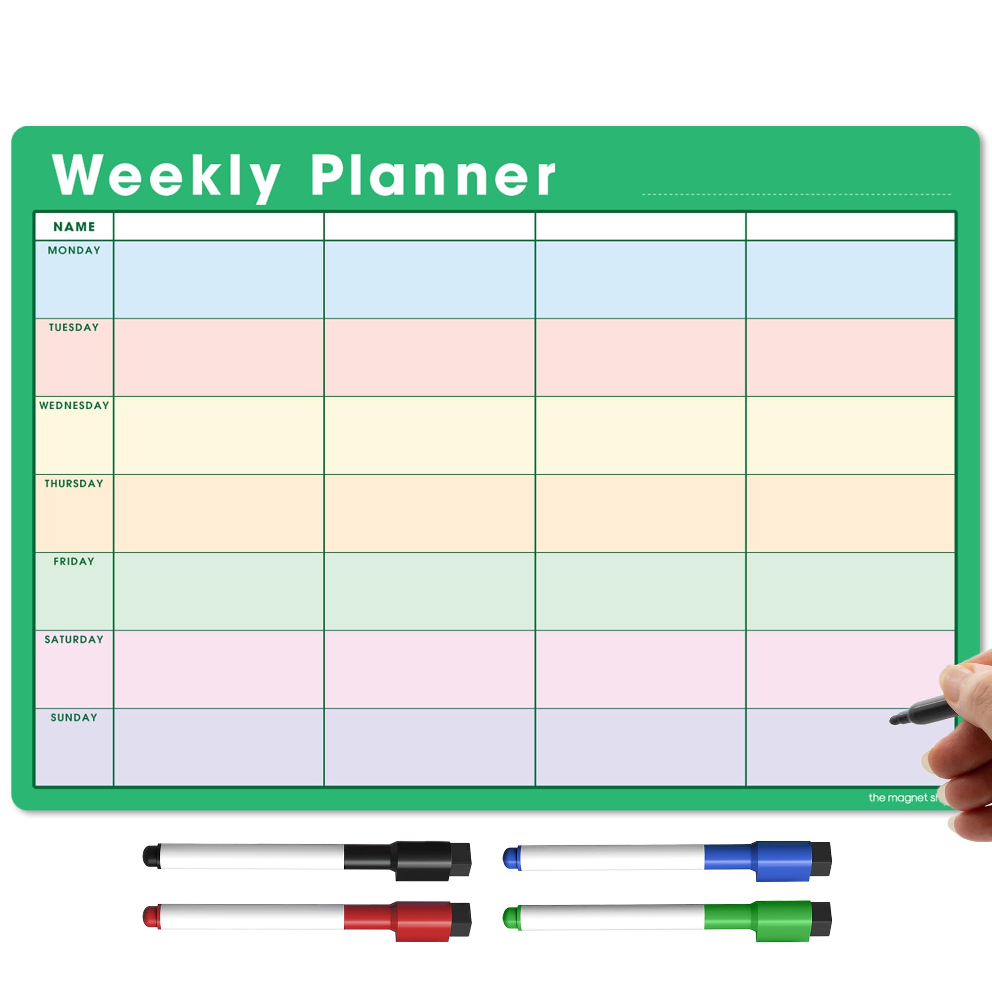 TMS A4 Magnetic Weekly Planner and Organiser – Fully Customisable Whiteboard for Family or Business Tasks and Meal Planning - with 4 Free Magnetic Dry Wipe Pen (Green - Multi-Coloured, A4)